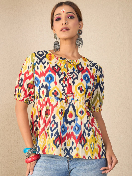 Women Yellow Printed Cotton Bow Detailed Peplum Top