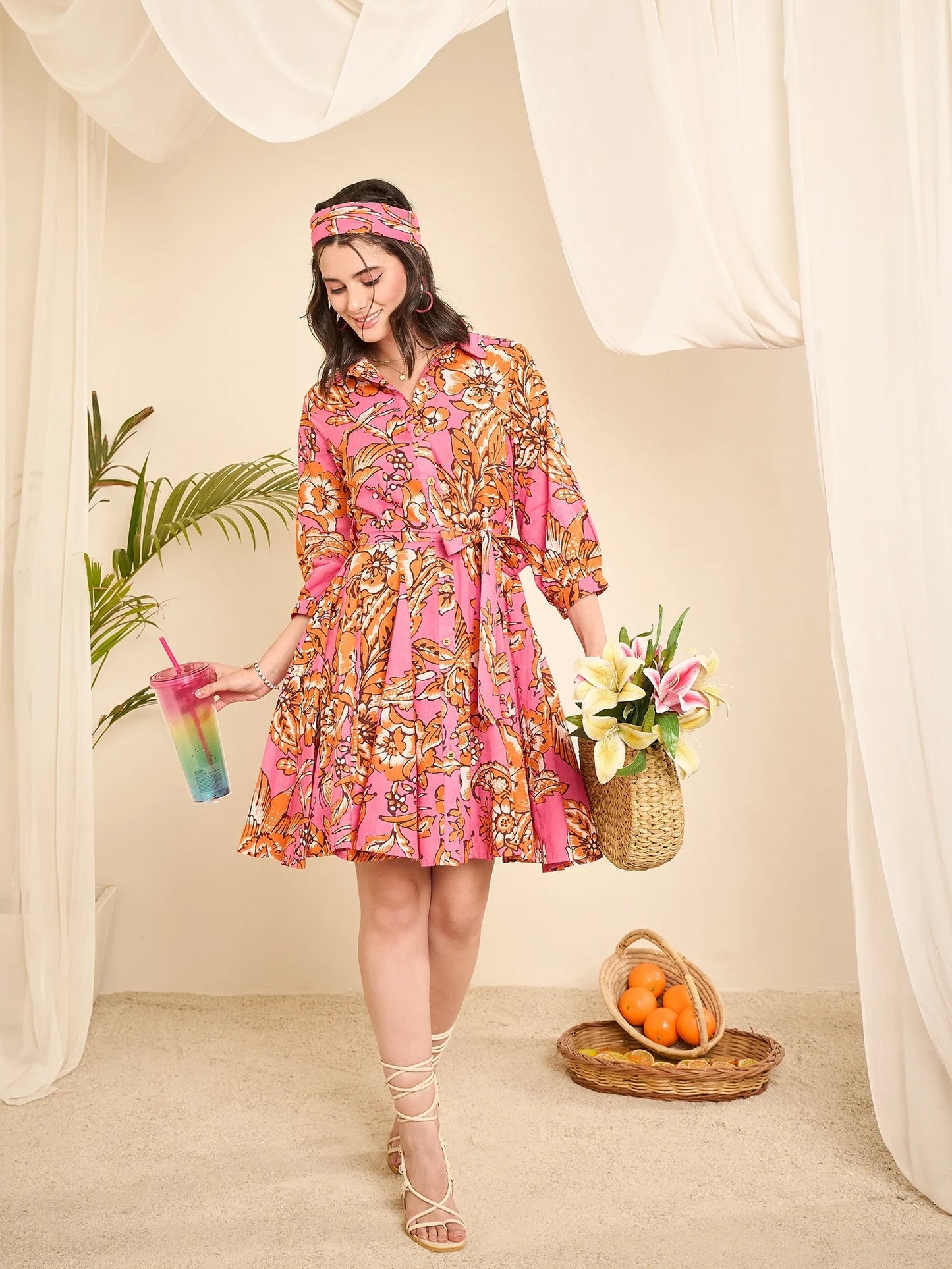 winered-pink-floral-print-godet-flared-dress