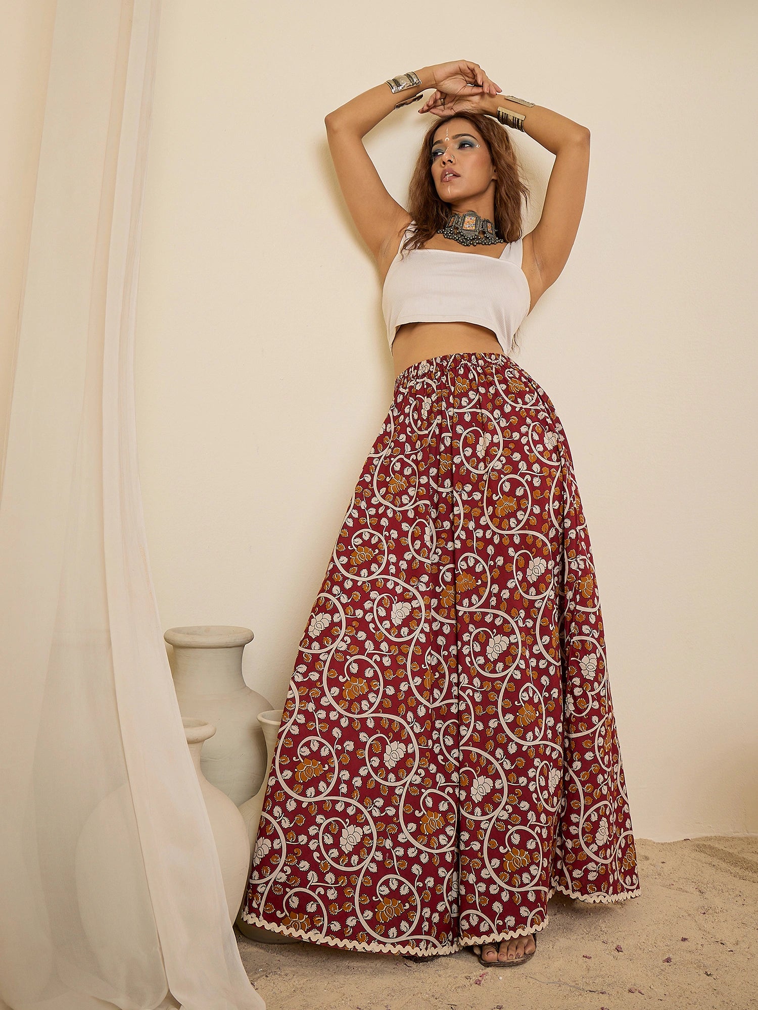 women-maroon-ethnic-print-cotton-maxi-skirt
