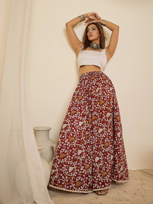 women-maroon-ethnic-print-cotton-maxi-skirt