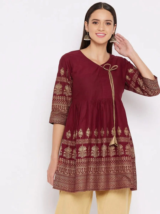 winered-maroon-flared-cotton-printed-top