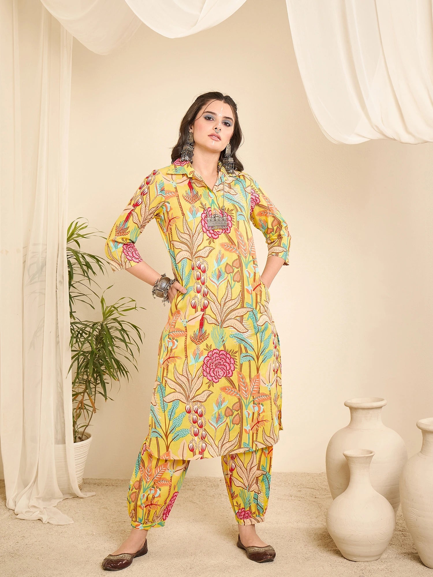 yellow-printed-collared-pathani-kurta-set