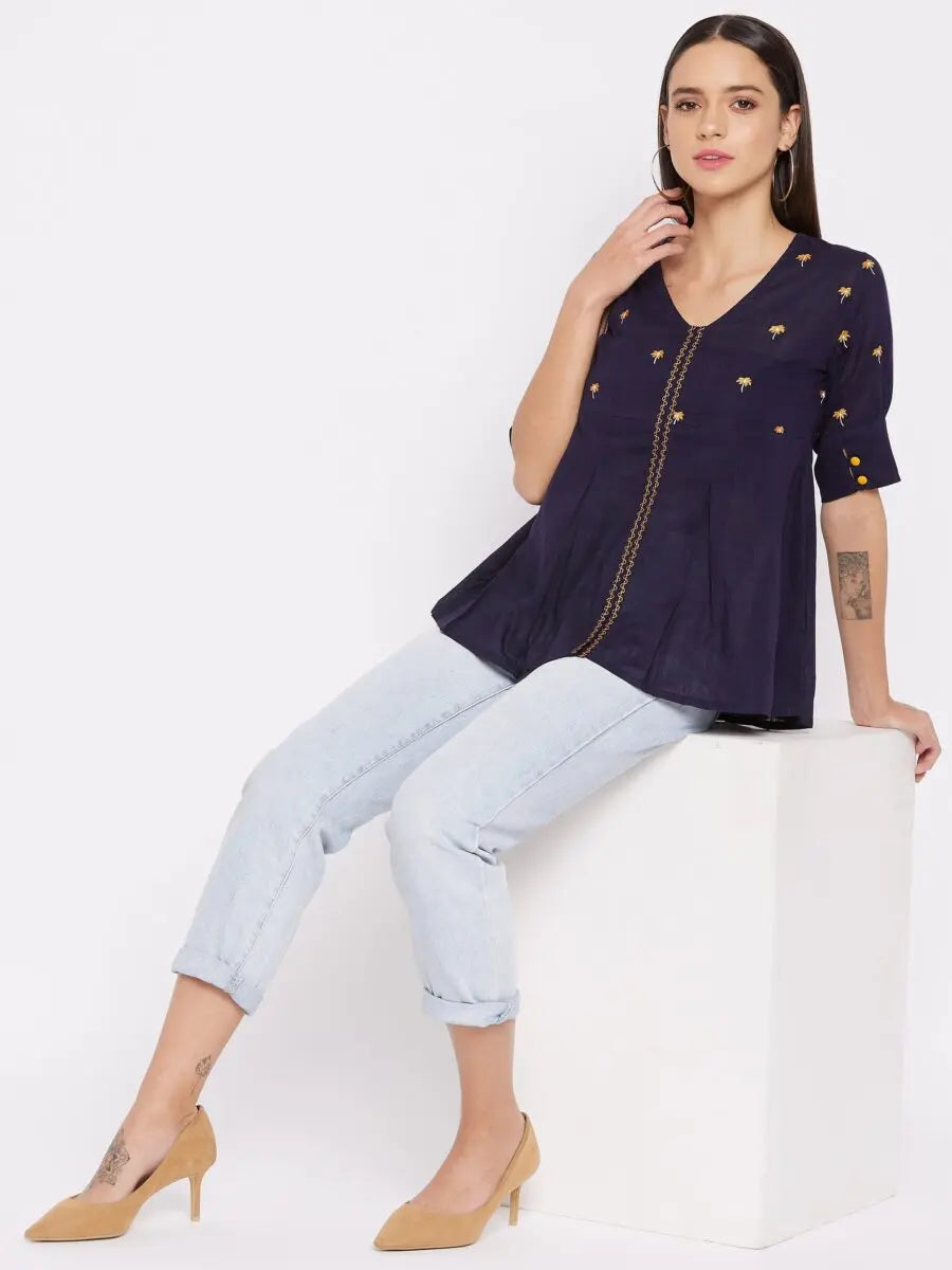 winered-navy-blue-a-line-cotton-embroidered-top
