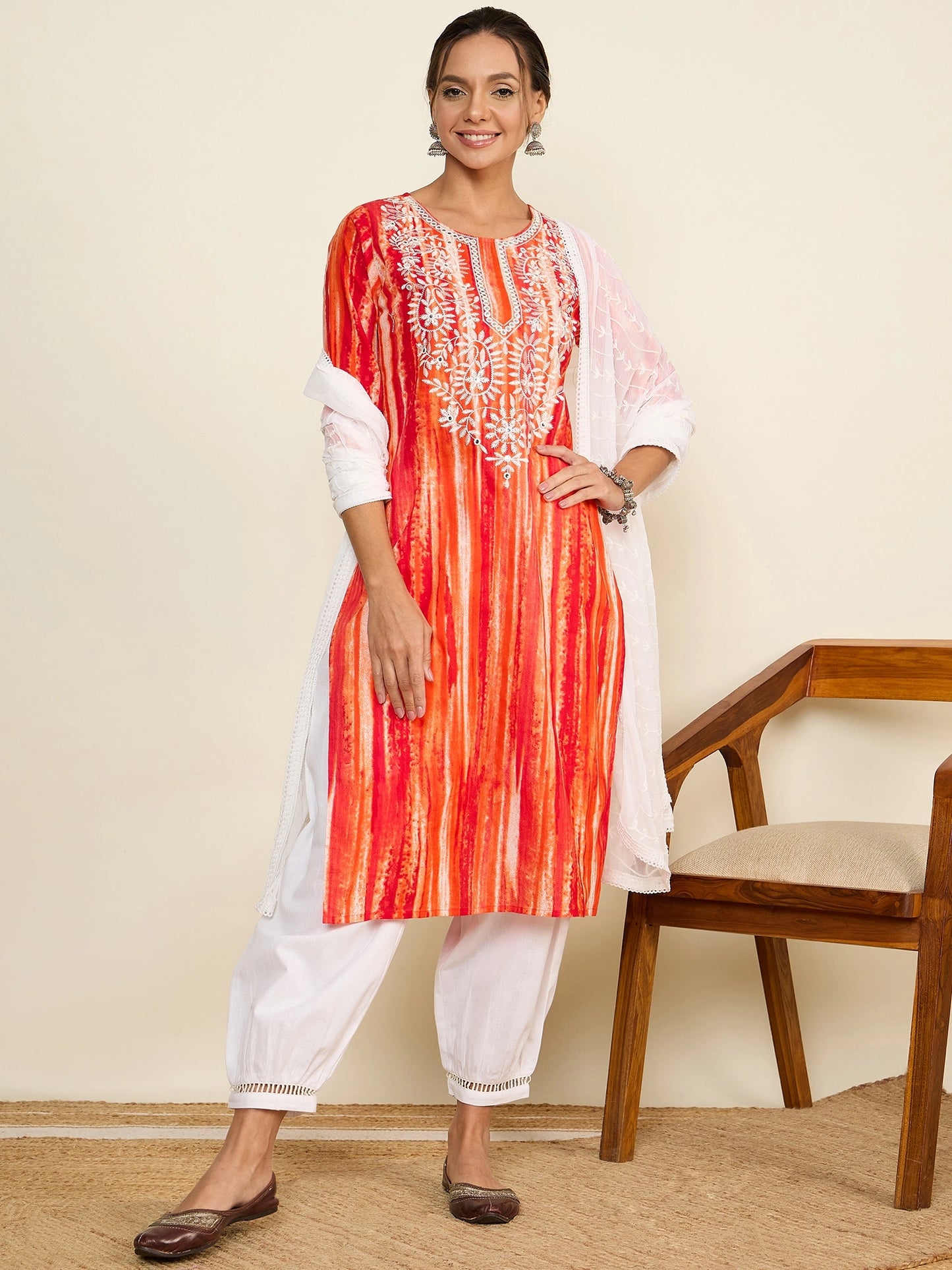 WineRed Woman Orange Embroidered Neck Straight Kurta set with Dupatta