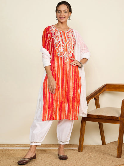 WineRed Woman Orange Embroidered Neck Straight Kurta set with Dupatta