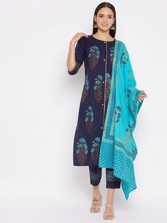 winered-dark-blue-straight-cotton-printed-kurta-pant-dupatta-set