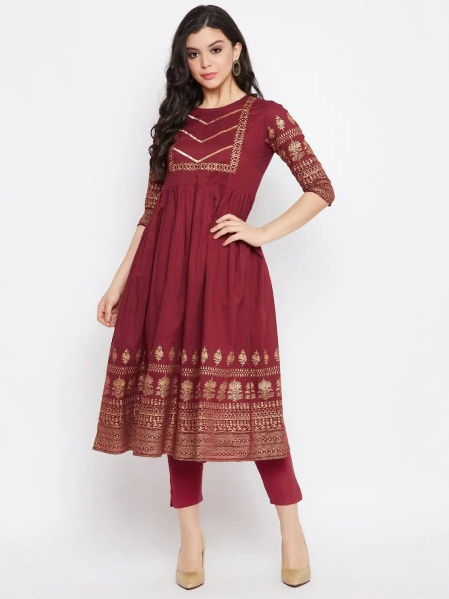 winered-maroon-flared-cotton-floral-print-kurta