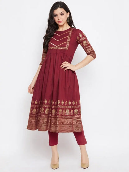 winered-maroon-flared-cotton-floral-print-kurta