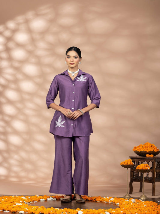 Women Solid Purple Leaf Embroidery Co-Ord Set