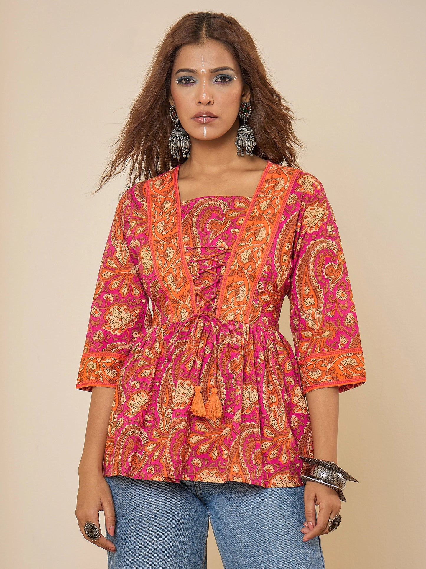 Women Cotton Pink Printed Bodered Peplum Top
