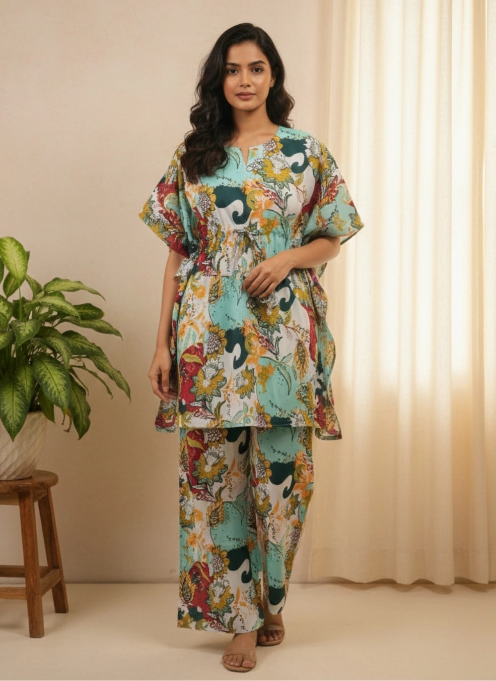 WineRed Women Multicolor Floral Print Kaftan Night-Suit Set