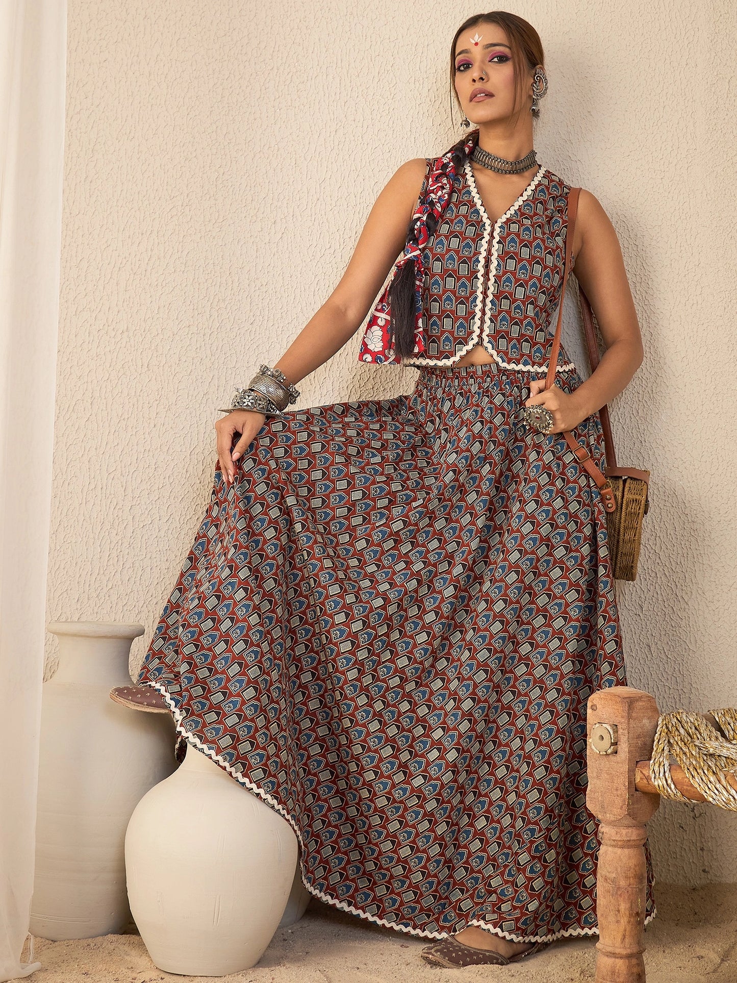 women-brown-cotton-printed-lace-detailing-waistcoat-with-skirt-co-ord-set