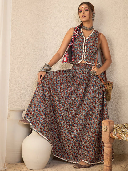 women-brown-cotton-printed-lace-detailing-waistcoat-with-skirt-co-ord-set