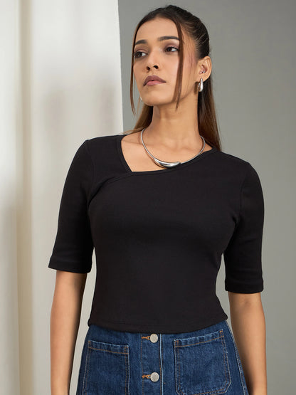 Women Black Asymmetrical Neck Ribbed Top