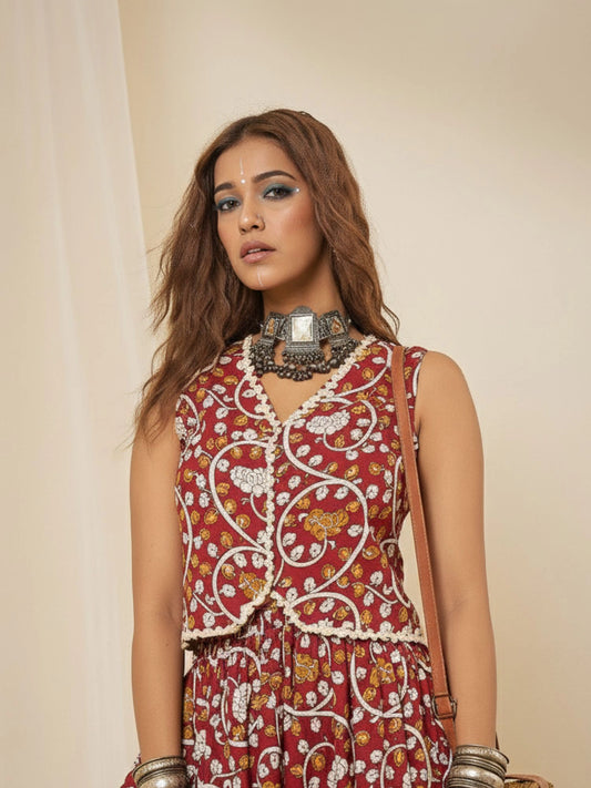 Women Maroon Lace Detailing Waistcoat Top