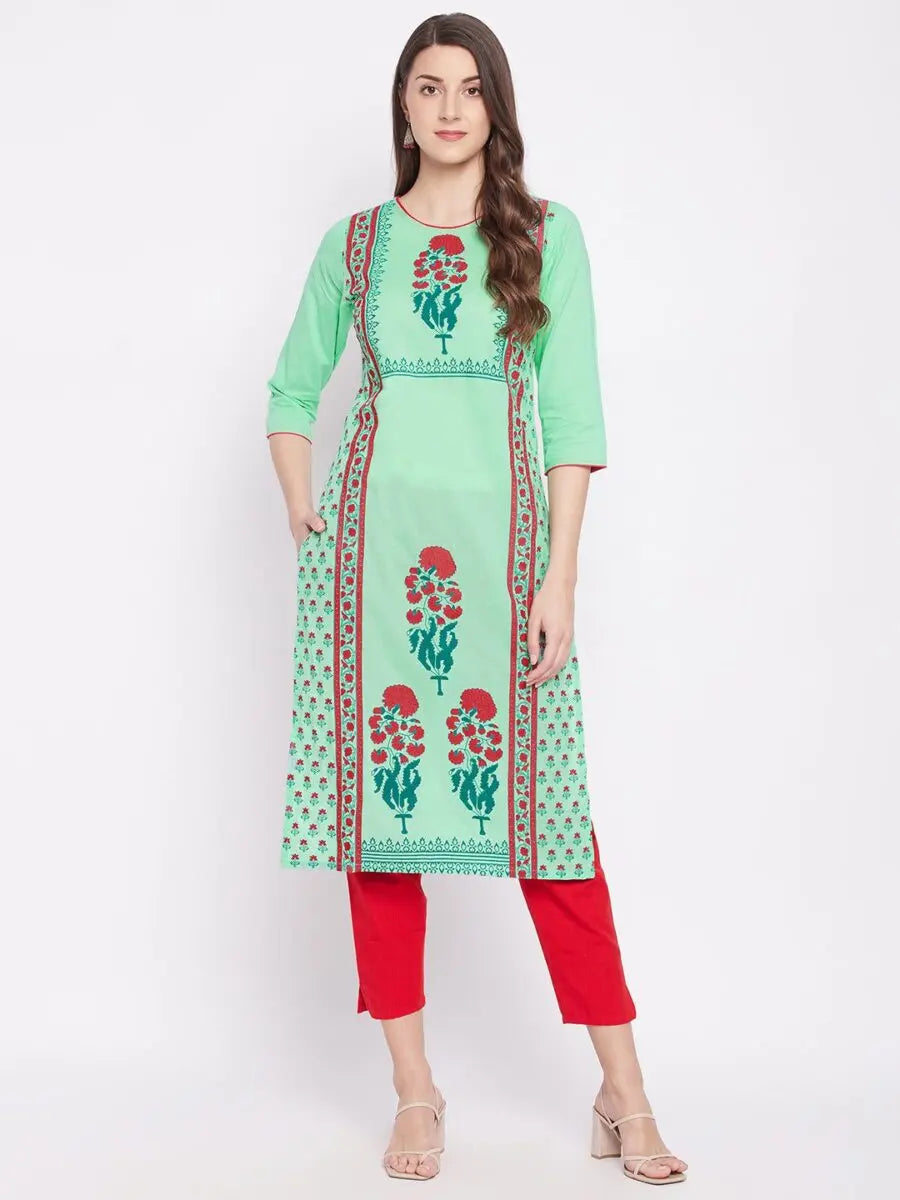 winered-green-straight-pure-cotton-printed-kurta