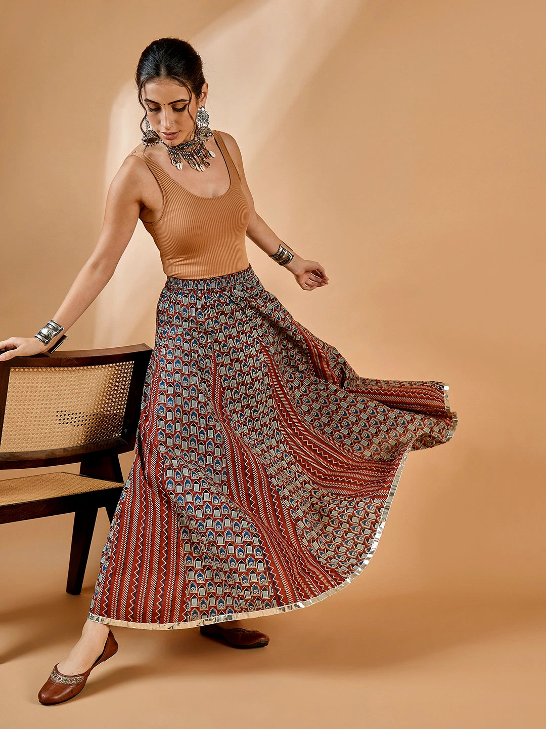 WineRed Women Printed Godet Skirt