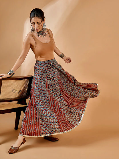 WineRed Women Printed Godet Skirt