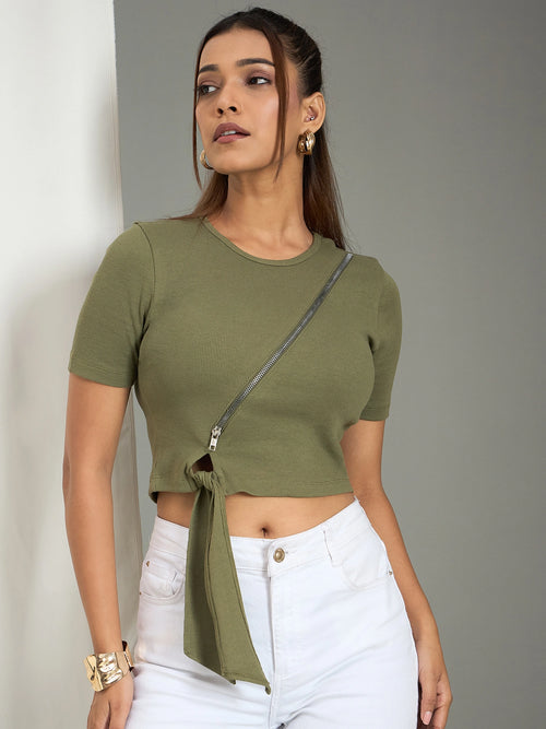 Women's Olive Ribbed Zip-Detail Crop Top