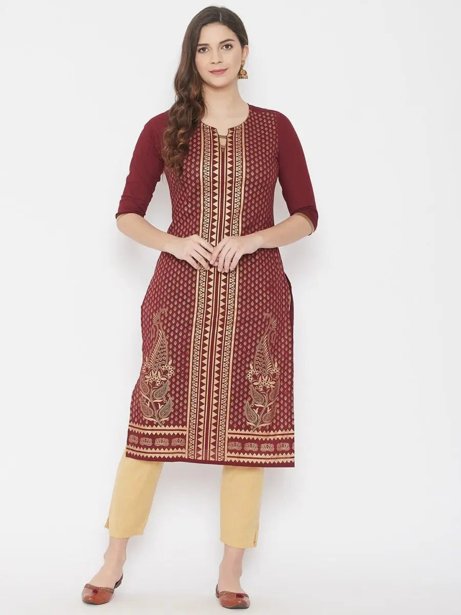 winered-maroon-straight-pure-cotton-printed-kurta