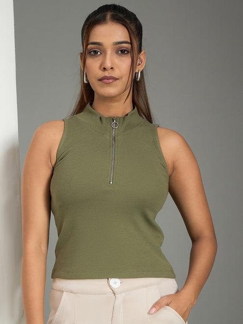 Women's Olive Ribbed Sleeveless Top