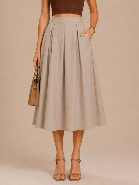 Women Beige Solid Pleated Flared Midi Skirt