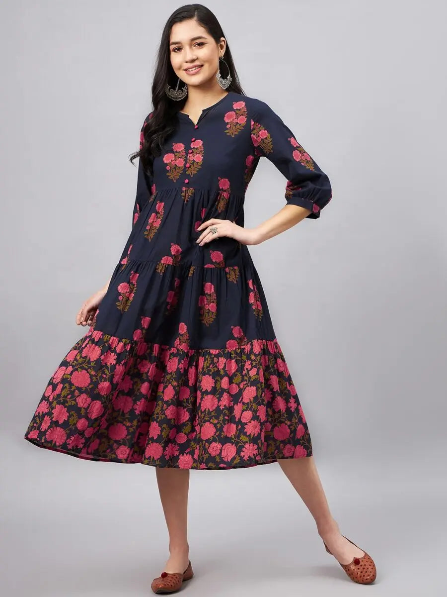 winered-blue-printed-tiered-dress-with-button-at-yoke