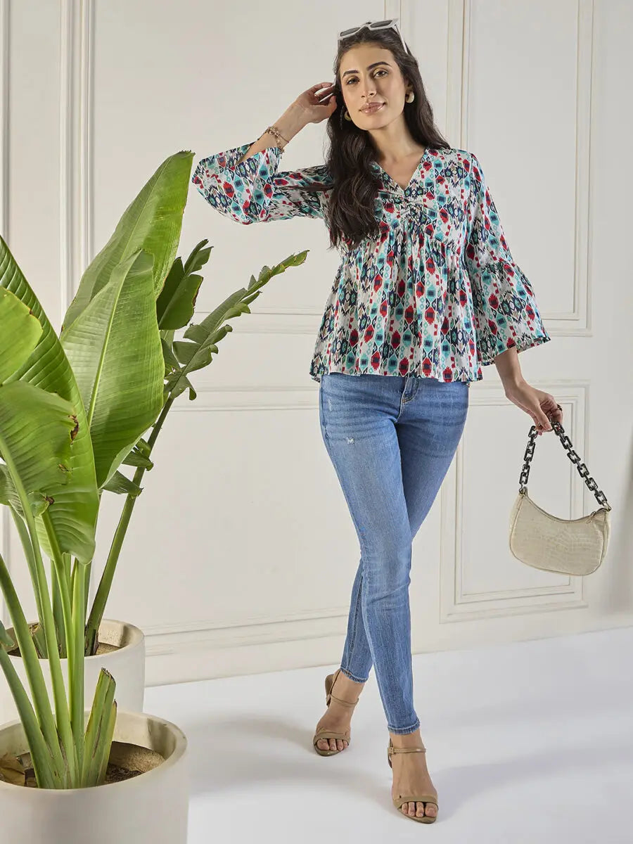 winered-women-printed-ruched-v-neck-top