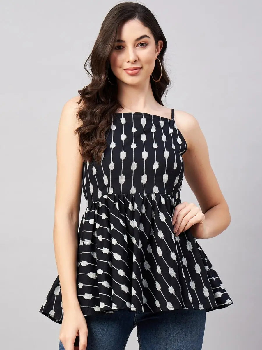 winered-women-black-ikat-printed-strap-top-waist-tie-up-at-back