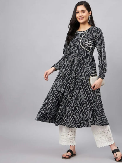 winered-women-black-bandhej-flared-angrakha-kurta