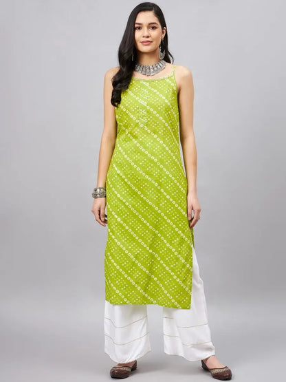 winered-women-green-bhandhej-print-strap-kurta-with-gota