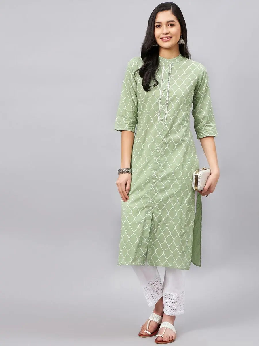 winered-women-green-printed-band-collar-front-slit-kurta-2