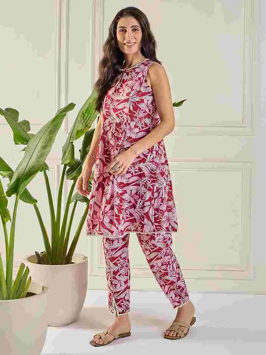 maroon-lace-detailing-stitched-godet-tunic-co-ord-set-for-women