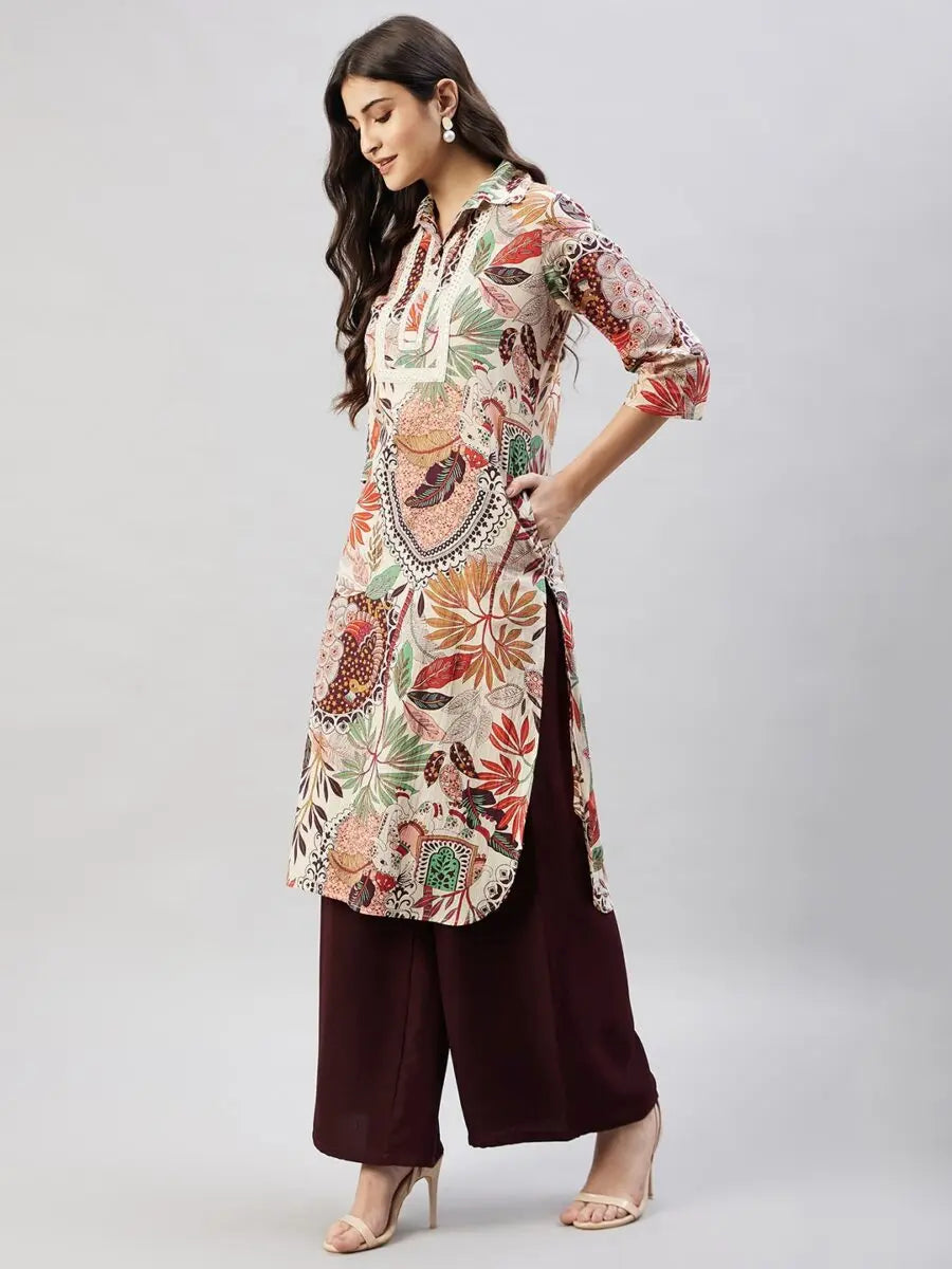 winered-women-beige-peacock-print-embroidered-neck-kurta