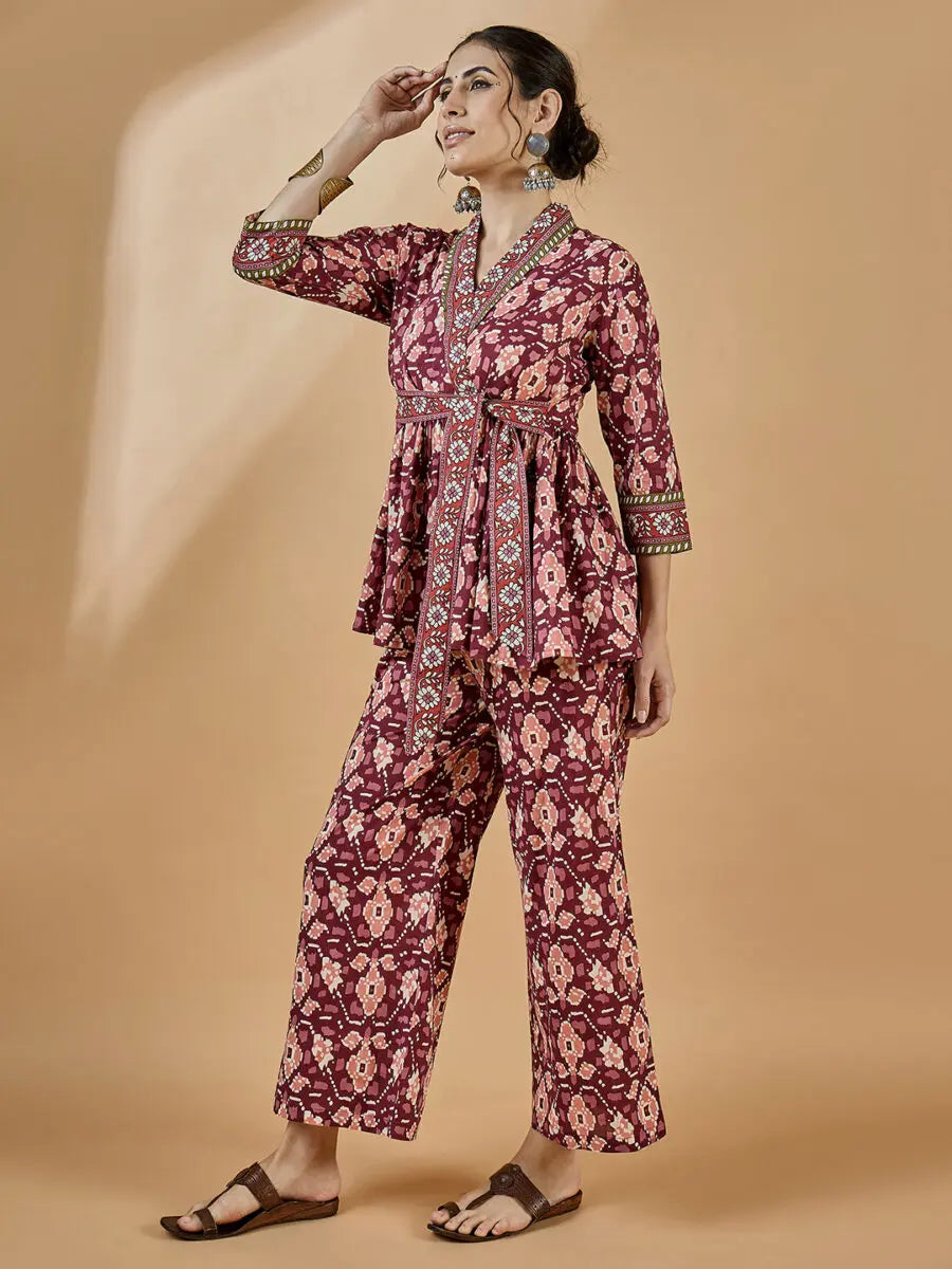 winered-women-rust-shawl-collar-waist-tie-up-co-ord-set