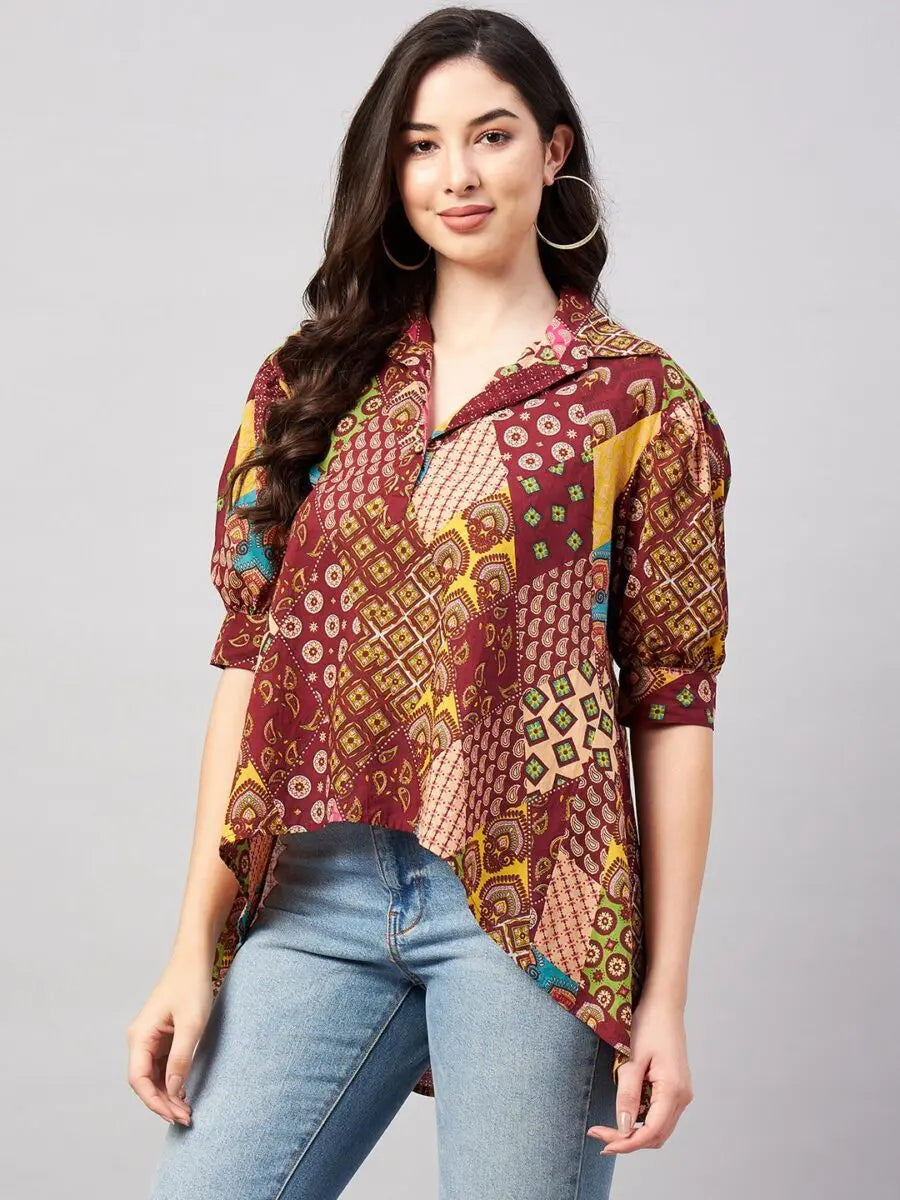 winered-woman-multi-color-printed-high-low-top