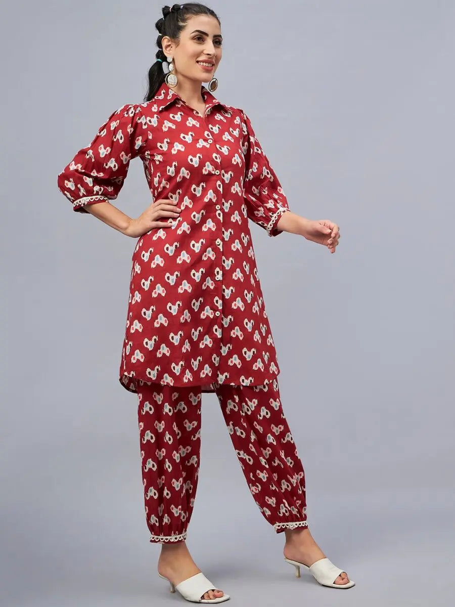 winered-rust-ikat-printed-front-opening-co-ord-set-for-women