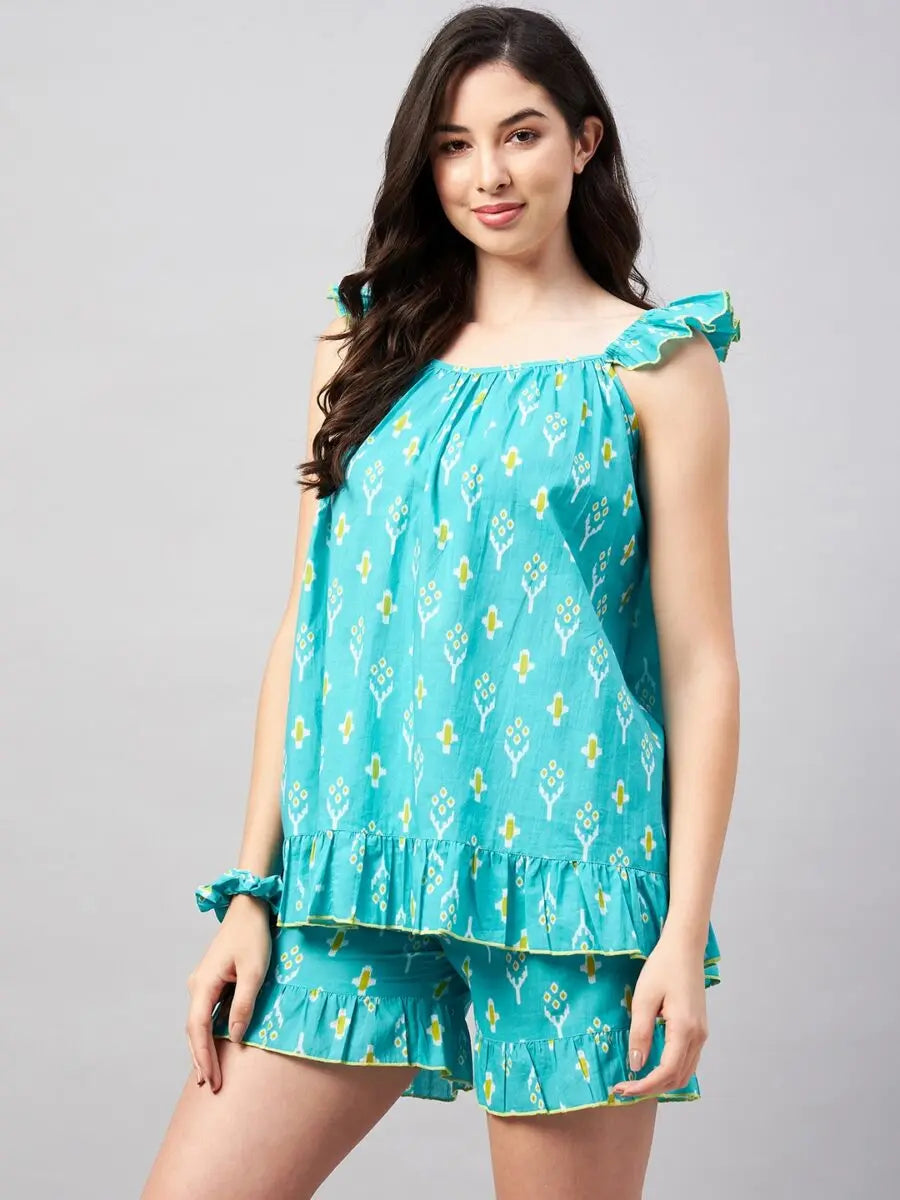 winered-woman-light-blue-with-frill-shorts-night-suit-set