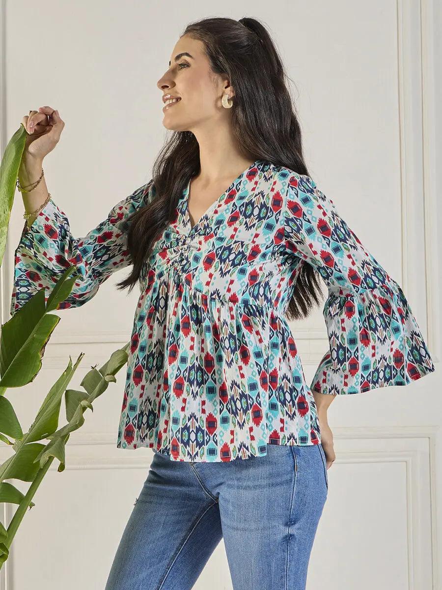 winered-women-printed-ruched-v-neck-top