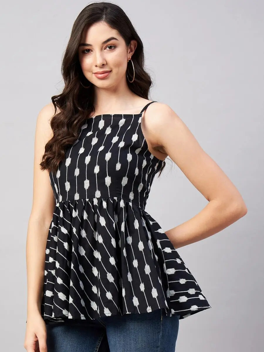 winered-women-black-ikat-printed-strap-top-waist-tie-up-at-back