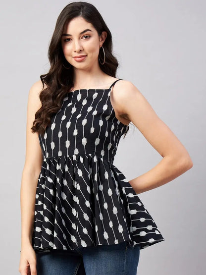 winered-women-black-ikat-printed-strap-top-waist-tie-up-at-back