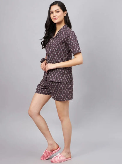 winered-woman-brown-lotus-print-with-shorts-night-suit-set