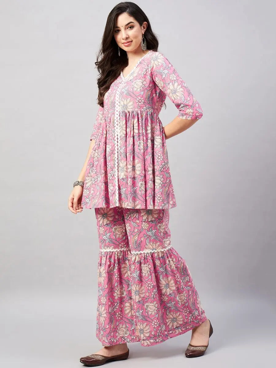 winered-woman-pink-floral-print-lace-detailing-sharara-set