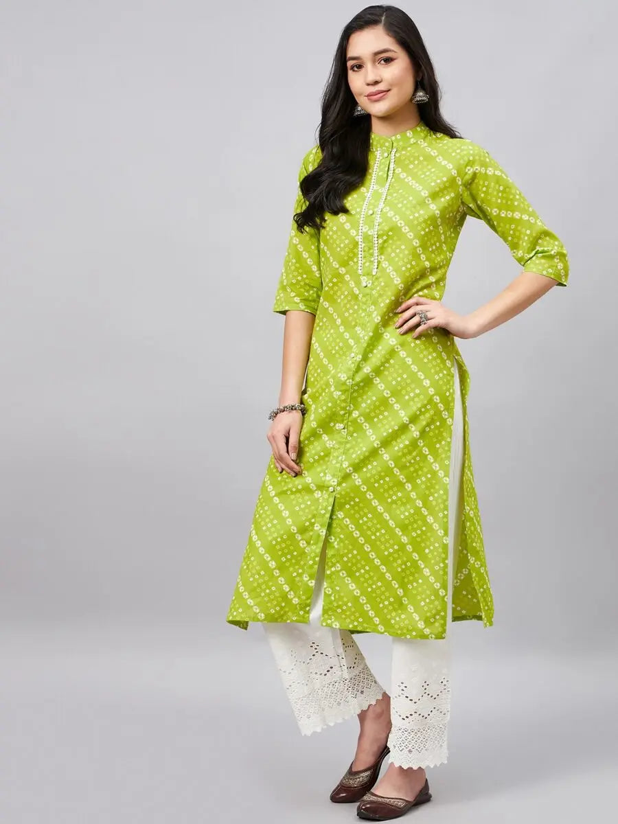 winered-women-green-printed-band-collar-front-slit-kurta