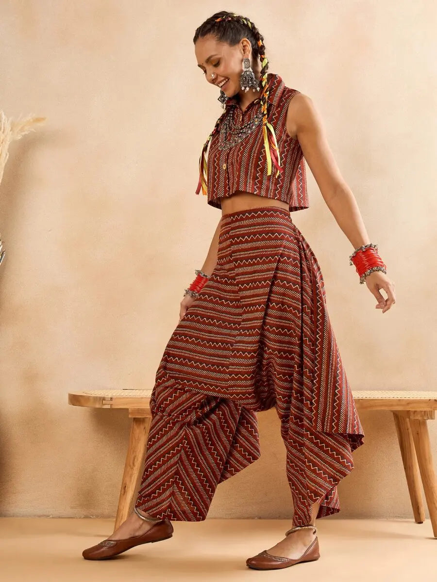 winered-woman-striped-print-crop-shirt-and-harem-pant-co-ord-set