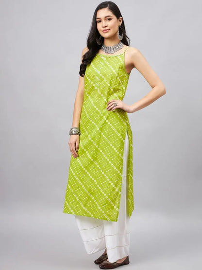 winered-women-green-bhandhej-print-strap-kurta-with-gota