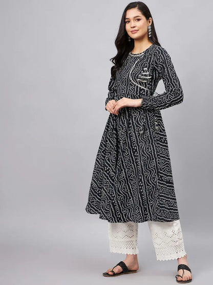 winered-women-black-bandhej-flared-angrakha-kurta