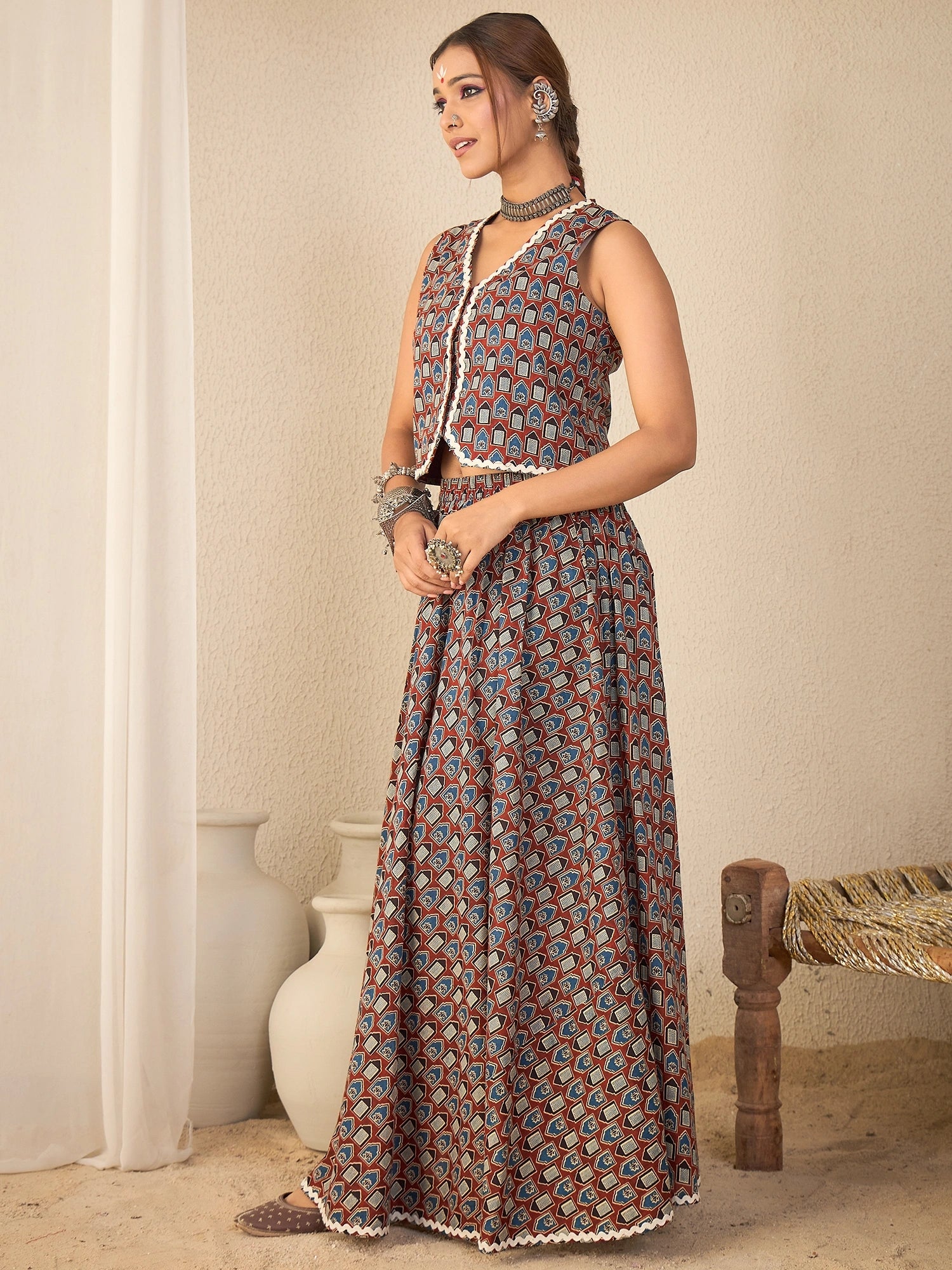 women-brown-cotton-printed-lace-detailing-waistcoat-with-skirt-co-ord-set