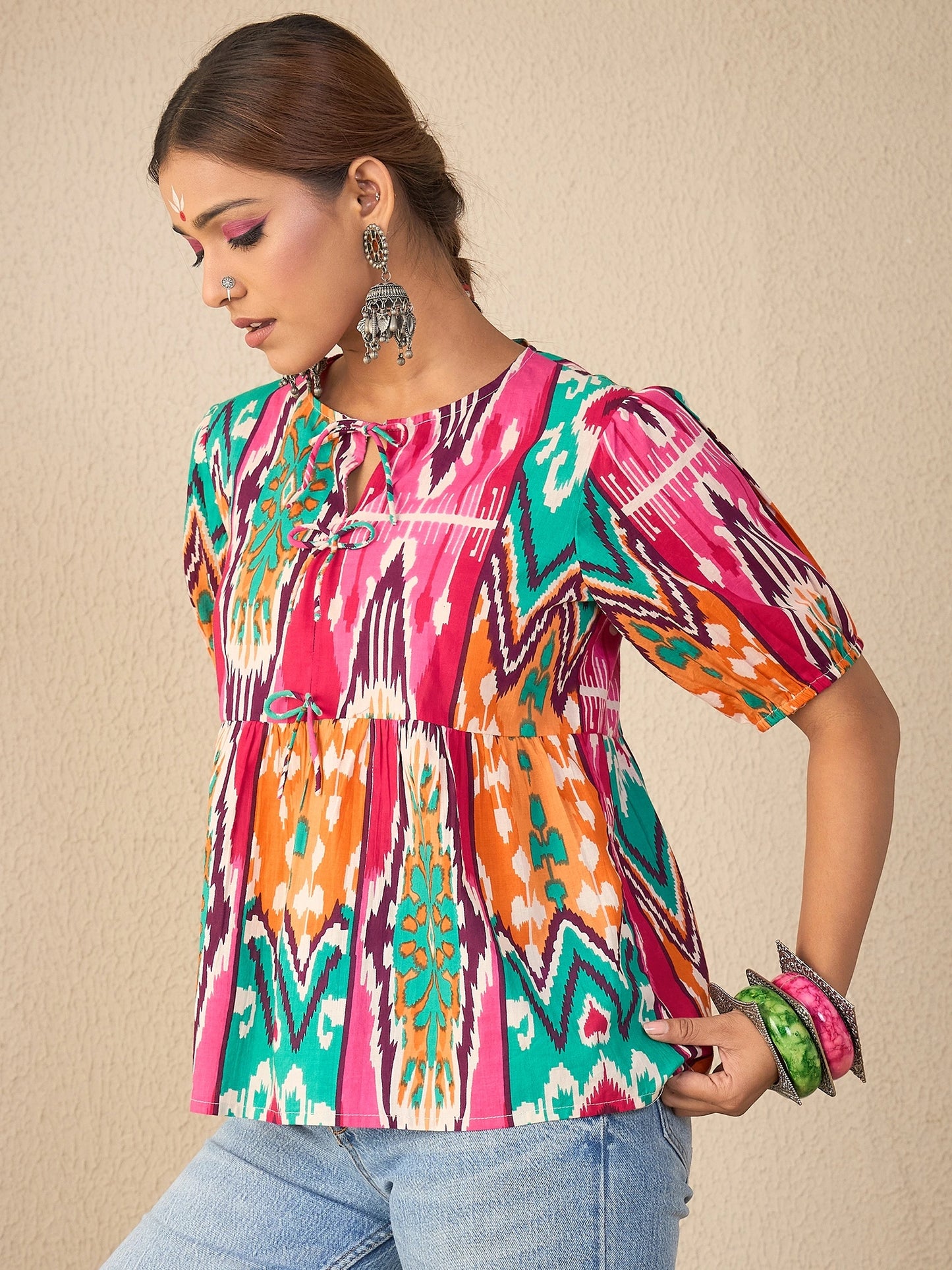 Women Cotton Bow Detailed Peplum Top