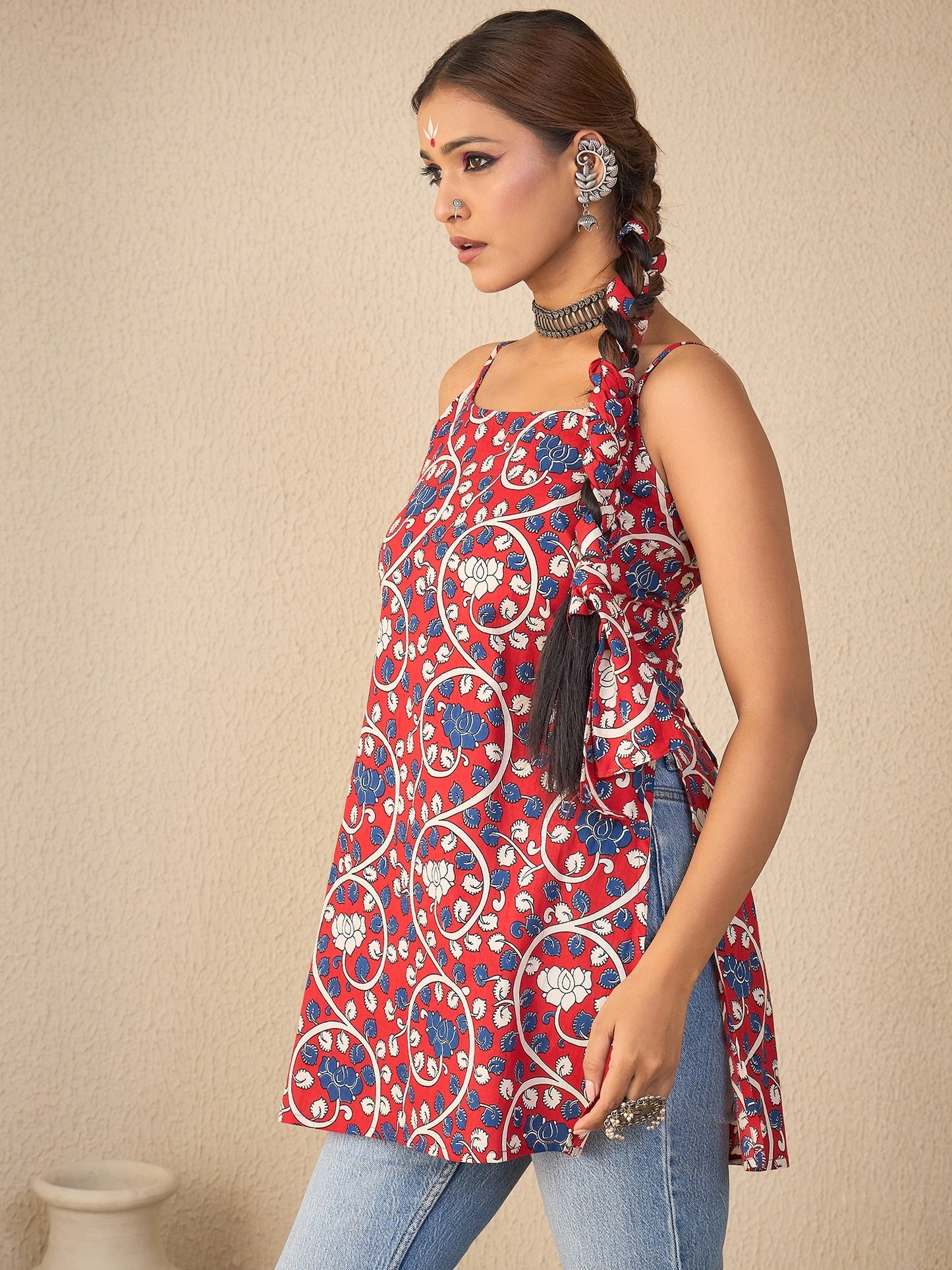 Women Red Printed Cotton Strappy Tunic Top